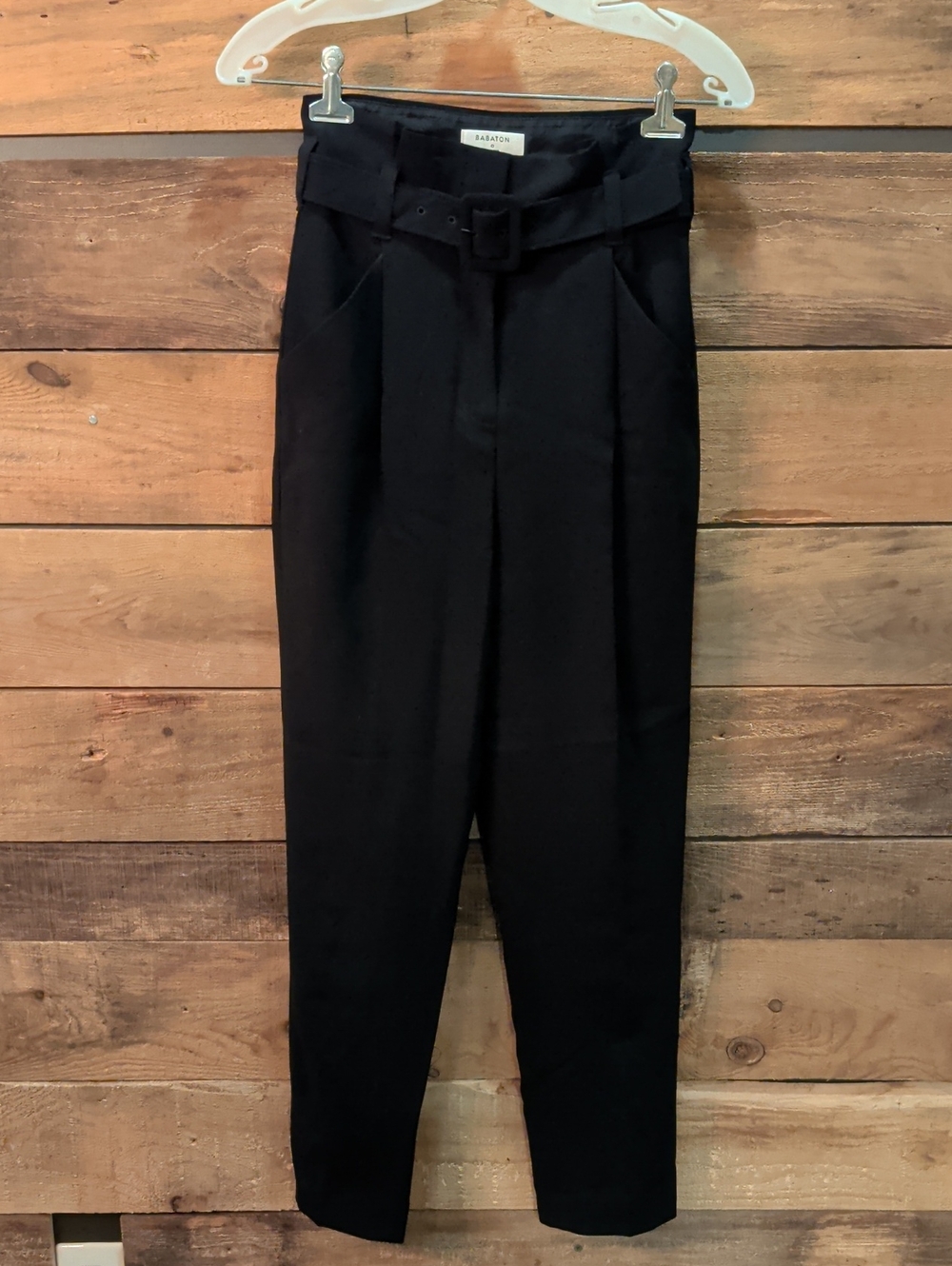 Babaton Black High-Waist Belted Tapered Dress Pants